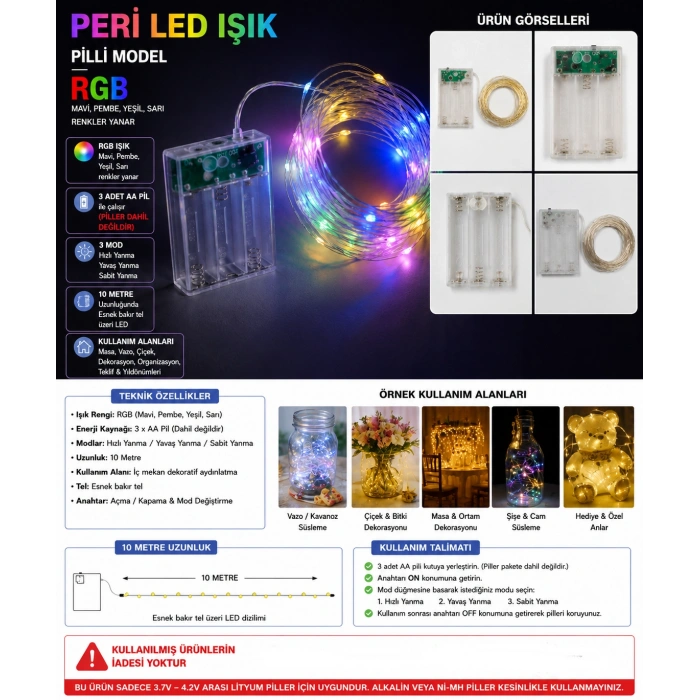 Peri Led RGB 10mt Pilli Süsleme Ledi (10 Metrelik Piller Hariç )