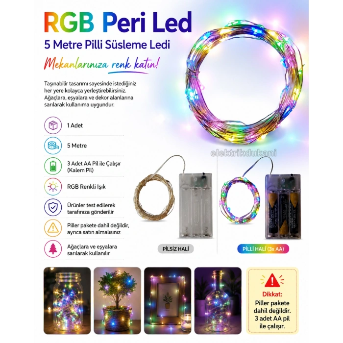 Peri Led RGB 5mt Pilli Süsleme Ledi (5 Metrelik Piller Hariç )