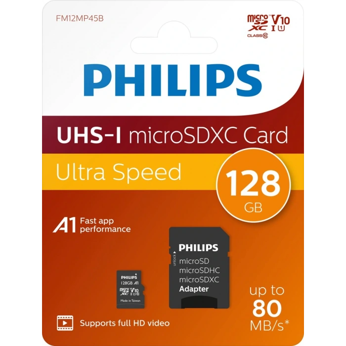 PHILIPS 128Gb UHS-I Micro SDXC Card Mikro Hafıza Kartı Ultra Speed Up to 80 Mb/S R A1 Class 10 Card+Adapter