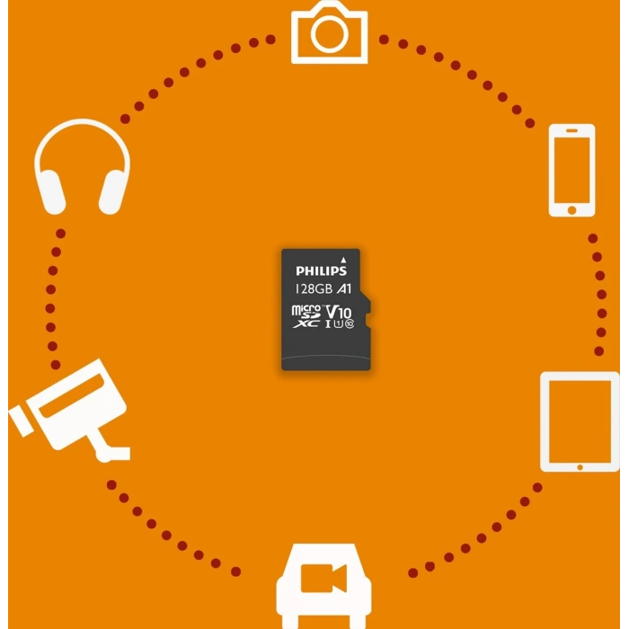 PHILIPS 128Gb UHS-I Micro SDXC Card Mikro Hafıza Kartı Ultra Speed Up to 80 Mb/S R A1 Class 10 Card+Adapter