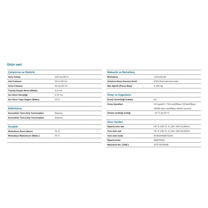 PHILIPS 2x36 HF-E TL-D II Elektronik Balast (36w İkili Floresan Motoru)
