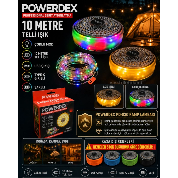 POWERDEX 10mt Şarjlı Telli Peri Ledli 8 Animasyonlu Günışığı ve RGB Renk Makaralı Süsleme Ledi Kamp Lambası