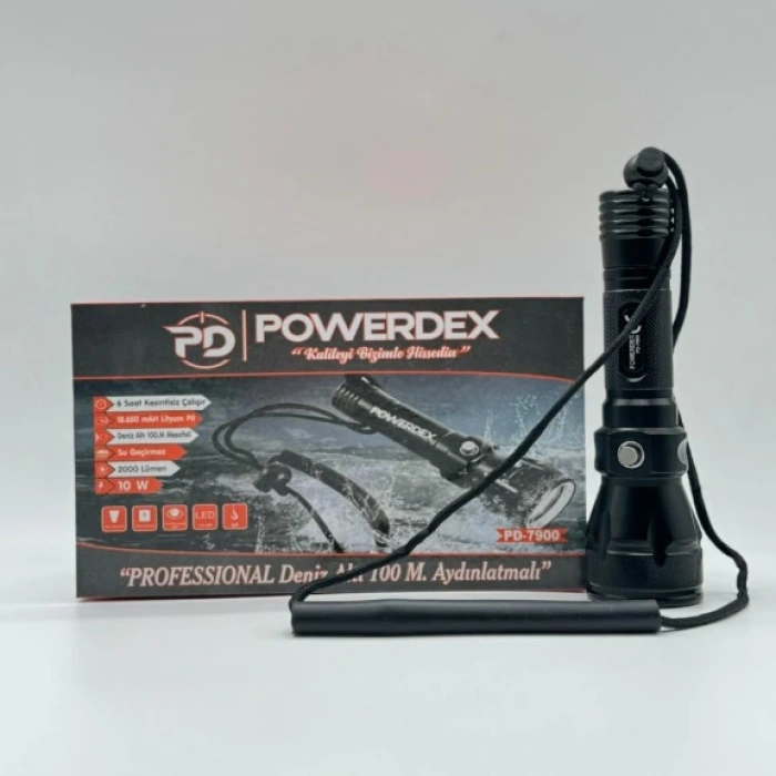 POWERDEX 10W Şarjlı Ledli Profesyonel Deniz Su Altı El Feneri 2000Lm 3.7v X 1 Adet Pil