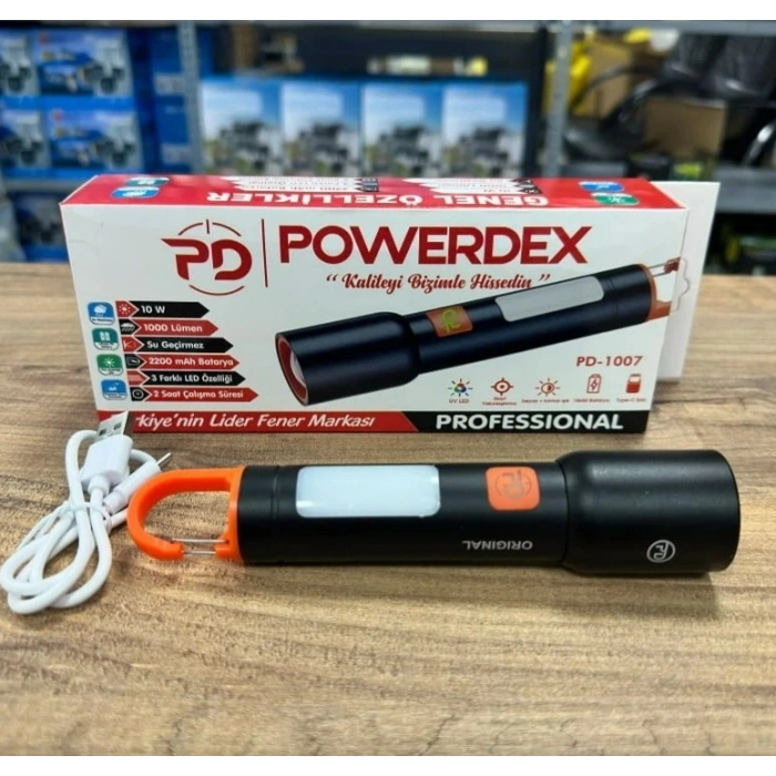 POWERDEX 10w Type-C Şarjlı Ledli Profesyonel El Feneri 3 Farklı Işık Rengi ve Yanma Modu 1000Lm Dahili 2200mA Batarya IP65