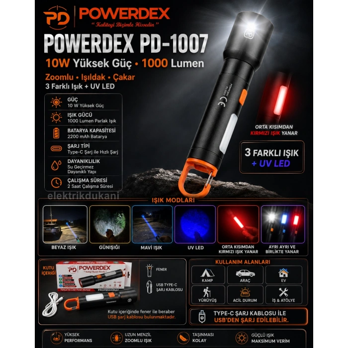 POWERDEX 10w Type-C Şarjlı Ledli Profesyonel El Feneri 3 Farklı Işık Rengi ve Yanma Modu 1000Lm Dahili 2200mA Batarya IP65