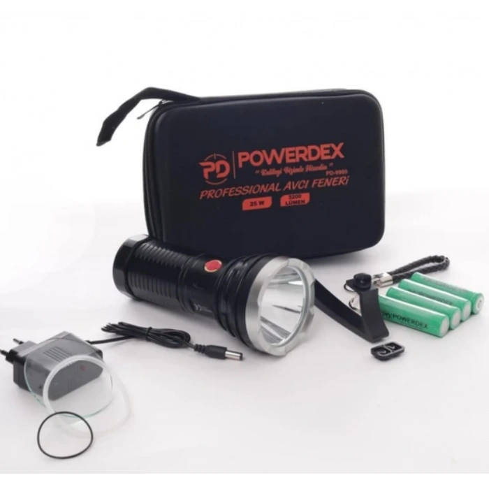 POWERDEX 25W Şarjlı Ledli Profesyonel El Feneri 3.200Lm 3,7vX4 Adet Pil