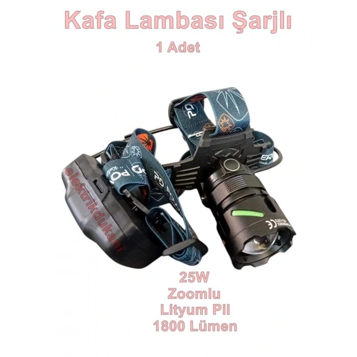 POWERDEX Profesyonel 25w Kafa Lambası Typ-C Şarjlı 2x18650 Li-On Pil İle çalışır (Balıkçı Madenci Feneri 8 Saat Çalışma Süresi)