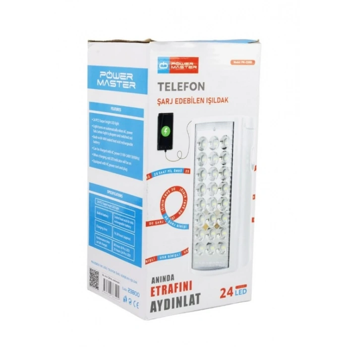POWERMASTER 24 Ledli Şarjlı Işıldak Telefon Şarj Edebilen USB li Powerbank