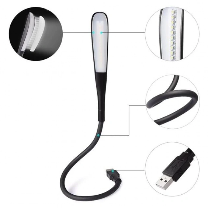 POWERMASTER Ledli Esnek USB Lamba  Siyah 6400k Klavye Aydınlatma ve Kitap Okuma lambası