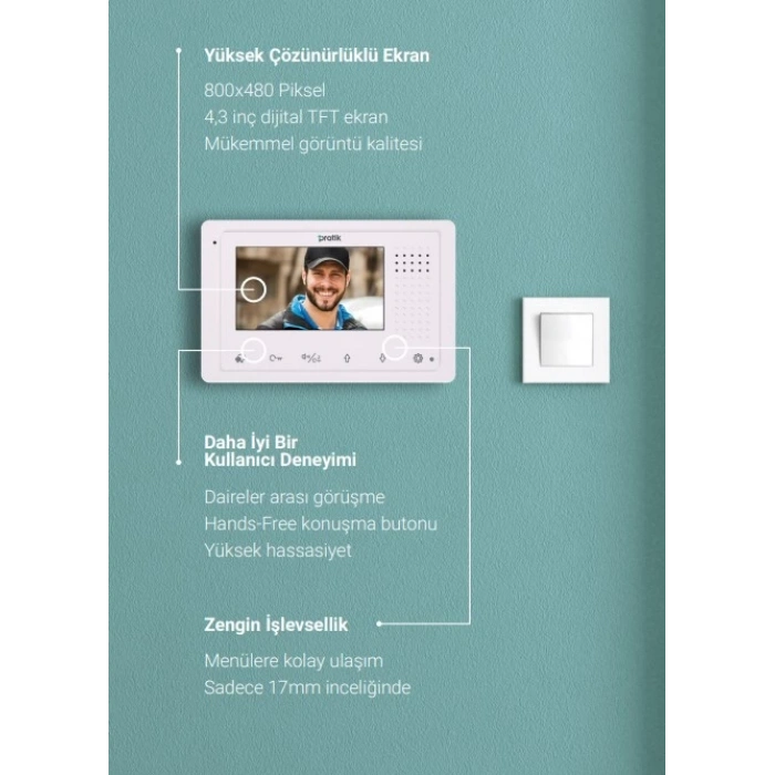 PRATİKPLUS Daire İçi Görüntülü Diafon Sistem Monitörü 4.3 İnç (11cm Daire İçi Şube)