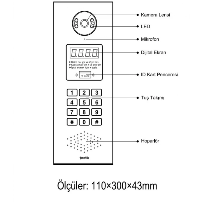 PRATİKPLUS  Görüntülü Dijital Tuşlu Zil Paneli Şifre ve Temassız Kartlı Kapı Açtırma