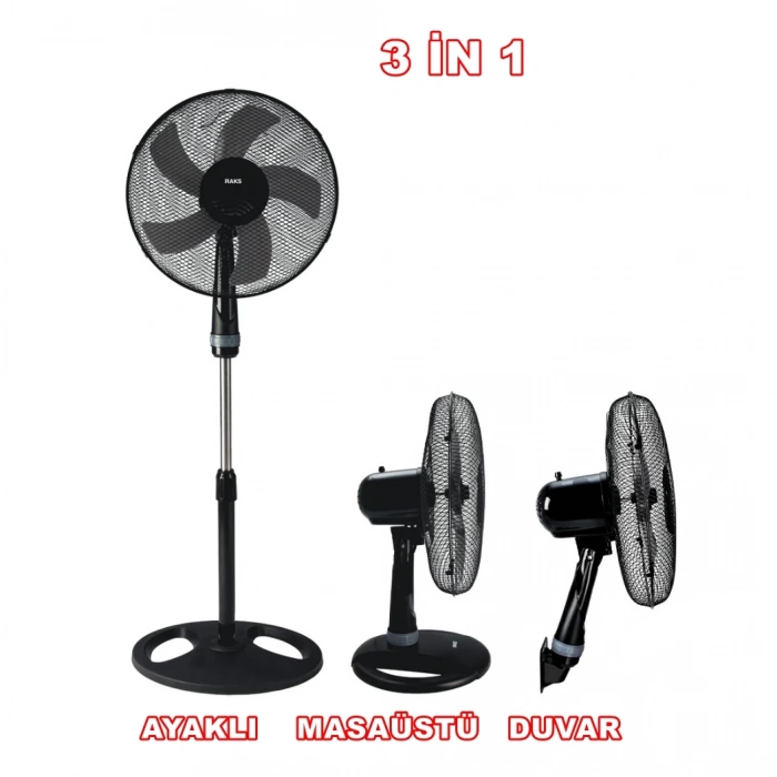 RAKS 16inç / 40cm 55w 3 ü 1 Arada Ayaklı - Duvar ve Masa Tipi Vantilatör 3 Kademe 220v