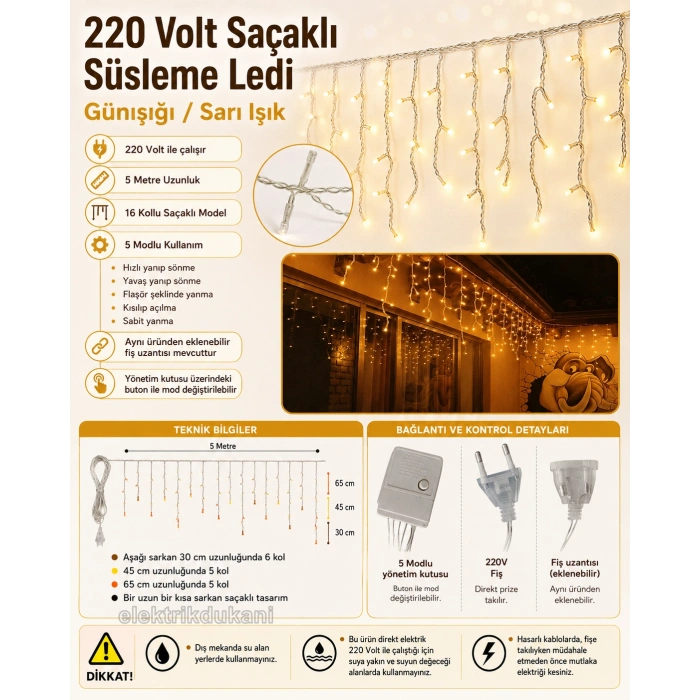SAÇAKLI 220v 5 Modlu SARI Işık 16 Kollu 5mt lik Süsleme Ledi Eklenebilir İç Mekan (Günışığı)