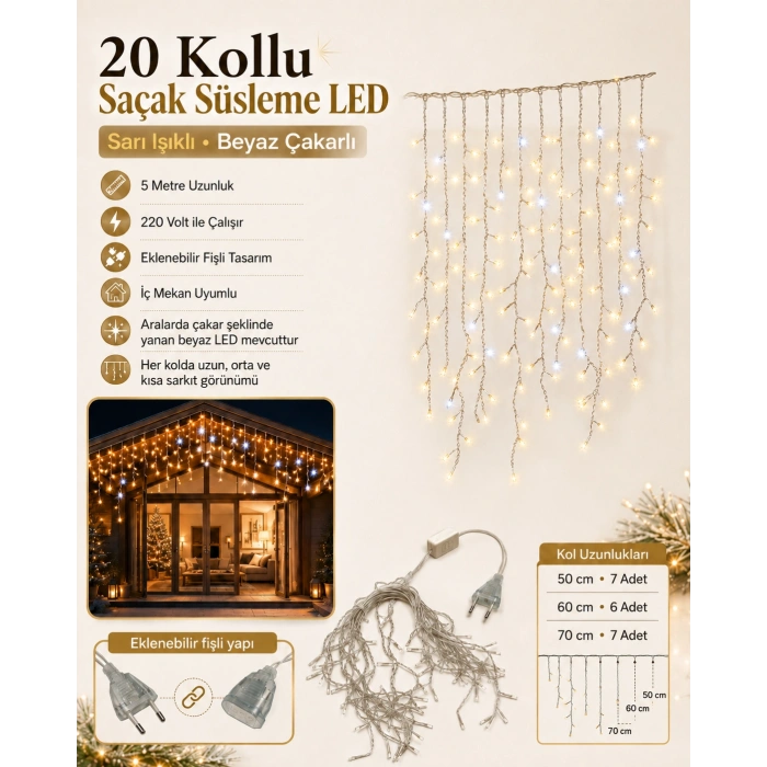 SAÇAKLI 220v Sabit Modlu SARI Işık Beyaz Çakarlı 20 Kollu 5mt lik Süsleme Ledi Eklenebilir İç Mekan (Günışığı)
