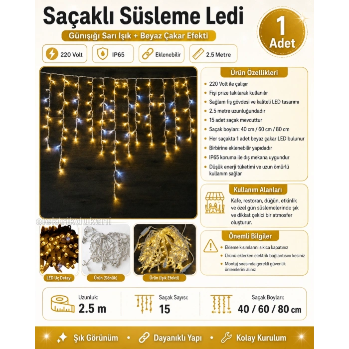 Saçaklı Süsleme Ledi Günışığı 3500K Uzunluk 250cm 15 Saçaklı Saçaklar 80/60/40cm IP64 Beyaz Flaşlı Çakarlı 220 Volt