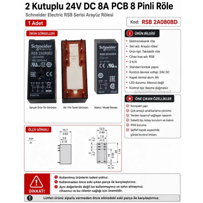 SCHNEİDER 2 Kutuplu 24V DC 8A PCB 8 Pinli Role