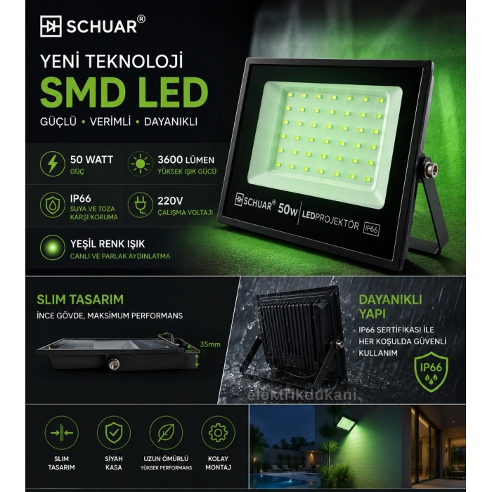 SCHUAR 50w YEŞİL Led Projektör SMD IP65 3600lm (50 Watt 220 Volt)
