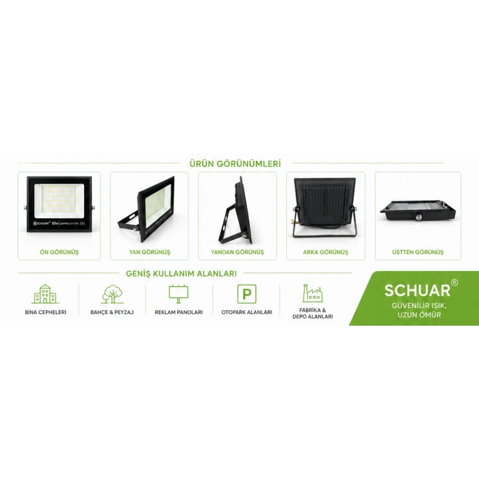 SCHUAR 50w YEŞİL Led Projektör SMD IP65 3600lm (50 Watt 220 Volt)