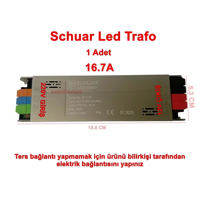 SCHUAR Süper Slim 12v 16.7A Şerit Led Trafosu 200w IP20  (Epox Dolgu Elektronik Devre 12 Volt 16.7 Amper 15mt ye Kadar Kullanım İçin Uygundur)