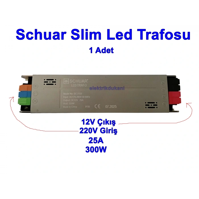 SCHUAR Süper Slim 12v 25A Şerit Led Trafosu 300w IP20  (Epox Dolgu Elektronik Devre 12 Volt 25 Amper 25mt ye Kadar Kullanım İçin Uygundur)
