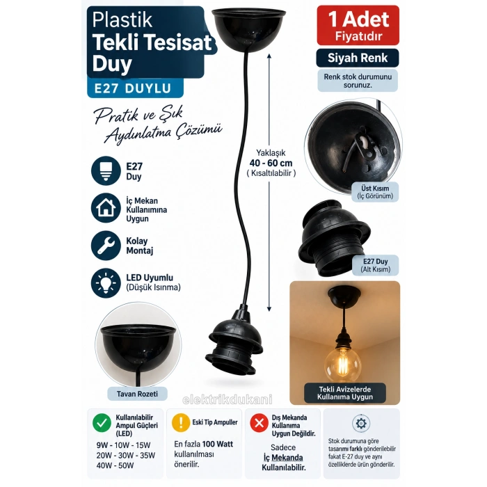 SİYAH Plastik Hazır Takım Tekli Tesisat E-27 Duylu Kablo