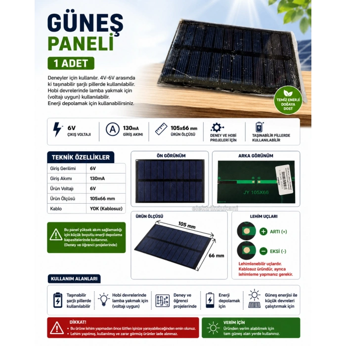 SOLAR 6v 130mA 66x105mm Güneş Paneli 6 Volt (Öğrenci Deney İçin)