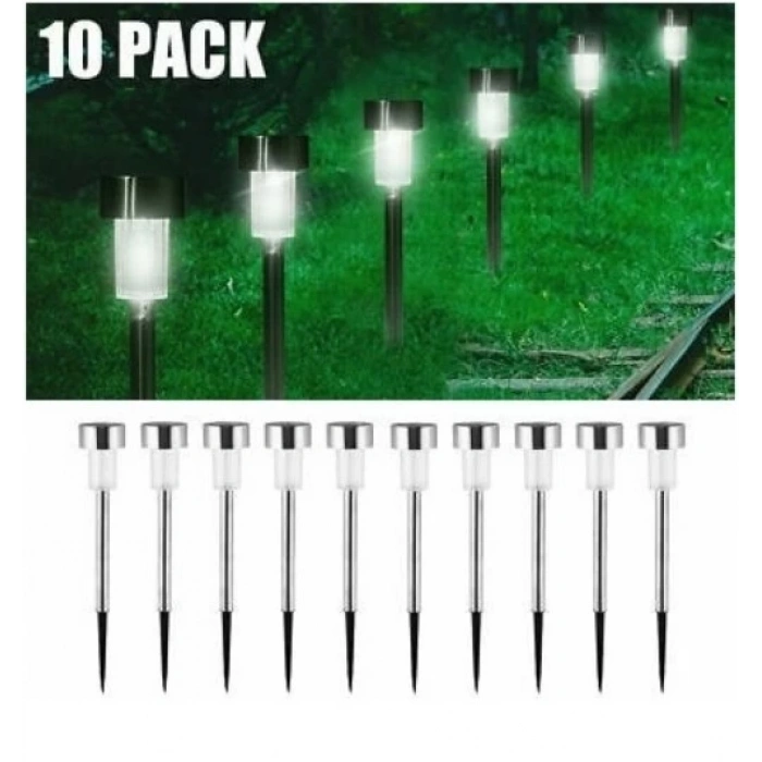Solar Güneş Enerjili 10x1watt 10lu Paket Çim Kazıklı Set Bahçe Aplik Fener BEYAZ Işık 6500K IP44