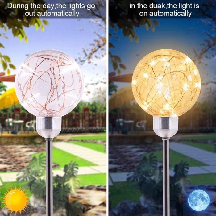 Solar Güneş Enerjili GÜNIŞIĞI 2li Paket Top Fanus Şekilli Bahçe Armatürü Çim Kazıklı  IP65 (3500k 2 Adet Gün Işığı Sarı Işık)
