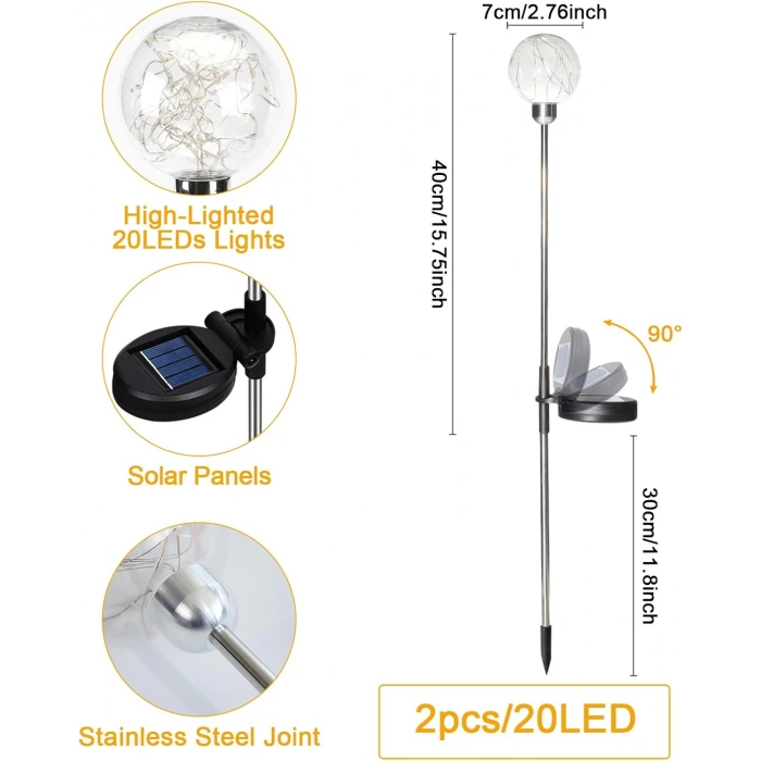 Solar Güneş Enerjili GÜNIŞIĞI 2li Paket Top Fanus Şekilli Bahçe Armatürü Çim Kazıklı  IP65 (3500k 2 Adet Gün Işığı Sarı Işık)