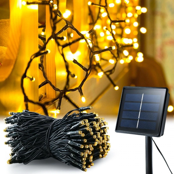 Solar Güneş Enerjili GÜNIŞIĞI 5mt Dış Mekan 50li Boncuk İp Süsleme Ledli IP65 (3500k Gün Işığı Sarı Işık)