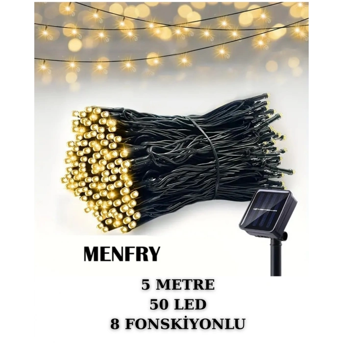 Solar Güneş Enerjili GÜNIŞIĞI 5mt Dış Mekan 50li Boncuk İp Süsleme Ledli IP65 (3500k Gün Işığı Sarı Işık)