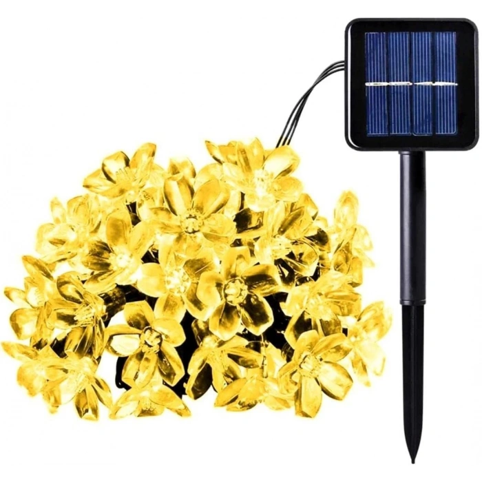 Solar Güneş Enerjili GÜNIŞIĞI 5mt Dış Mekan 50lu Slikon Çiçek Şekilli Süsleme Ledli IP65 (3500k Gün IşığıSarı Işık)