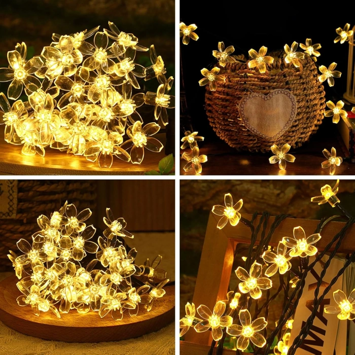 Solar Güneş Enerjili GÜNIŞIĞI 5mt Dış Mekan 50lu Slikon Çiçek Şekilli Süsleme Ledli IP65 (3500k Gün IşığıSarı Işık)