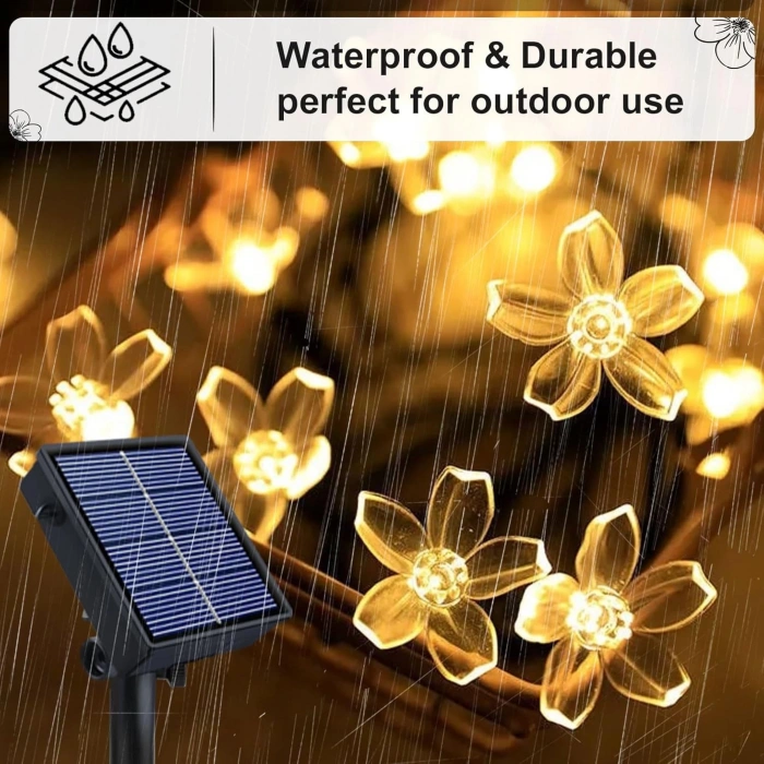 Solar Güneş Enerjili GÜNIŞIĞI 5mt Dış Mekan 50lu Slikon Çiçek Şekilli Süsleme Ledli IP65 (3500k Gün IşığıSarı Işık)