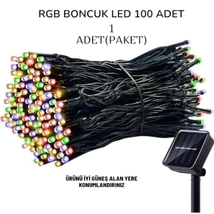 Solar Güneş Enerjili RGB 10mt Dış Mekan 100lü Boncuk İp Süsleme Ledli IP65 Siyah (Karışık Renkli)
