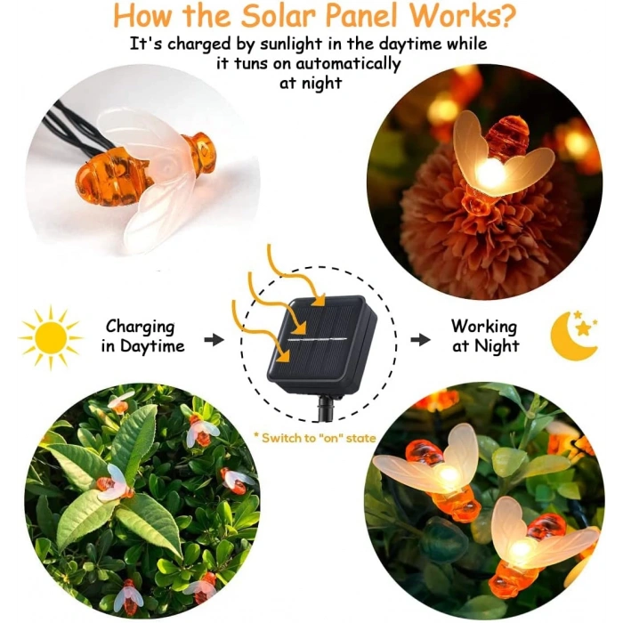 Solar Güneş Enerjili RGB 3mt Dış Mekan 20li Arı Şekilli Süsleme Ledli IP65 (Karışık Renkli)