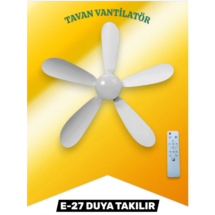 Tavan Vantilatörü 15w Beyaz / Günışığı Ledli E-27 Duy a Takılabilen 5 Kanatlı Kumandalı Vantilatör 80-265v