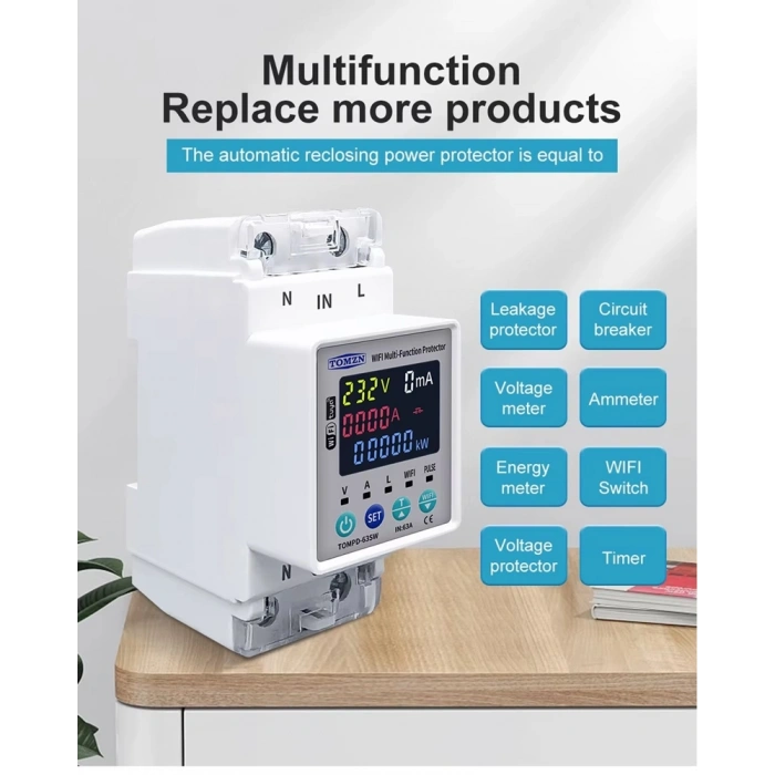 TOMZN 1x63A Monofaze Kaçak Akım Özellikli Voltaj ve Akım Koruma Rolesi Wifi Bağlantılı Şebeke Giriş Voltaj Denetleyici 220 Volt 63 Amper (Elektronik Akım Koruma Rolesi Global Wifi Tuya Kontrollü)
