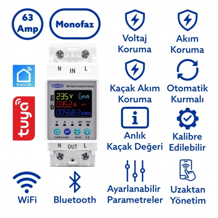 TOMZN 1x63A Monofaze Kaçak Akım Özellikli Voltaj ve Akım Koruma Rolesi Wifi Bağlantılı Şebeke Giriş Voltaj Denetleyici 220 Volt 63 Amper (Elektronik Akım Koruma Rolesi Global Wifi Tuya Kontrollü)