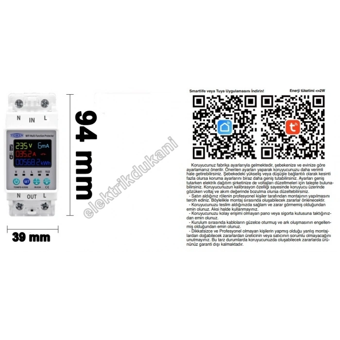 TOMZN 1x63A Monofaze Kaçak Akım Özellikli Voltaj ve Akım Koruma Rolesi Wifi Bağlantılı Şebeke Giriş Voltaj Denetleyici 220 Volt 63 Amper (Elektronik Akım Koruma Rolesi Global Wifi Tuya Kontrollü)