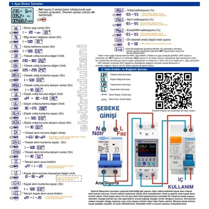 TOMZN 1x63A Monofaze Kaçak Akım Özellikli Voltaj ve Akım Koruma Rolesi Wifi Bağlantılı Şebeke Giriş Voltaj Denetleyici 220 Volt 63 Amper (Elektronik Akım Koruma Rolesi Global Wifi Tuya Kontrollü)