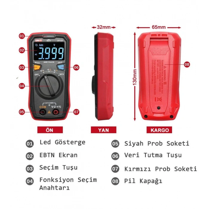 UNI-T Dijital Akıllı Ölçü Aleti Otomatik Kapanma NCV + Isı Ölçme