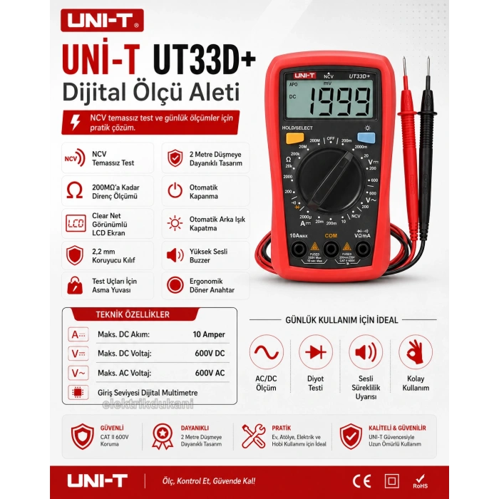 UNI-T Dijital Ölçü Aleti Ac/Dc Direnç Diyot Akım Ölçebilme NCV Özellikli Otom. Kap. UNIT