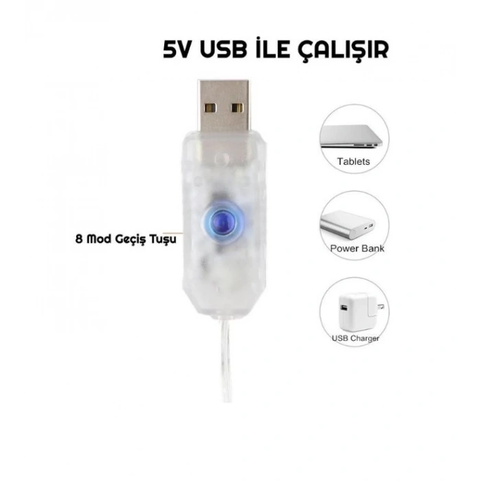 USB Peri Led Perde Süsleme Ledi 3x2 mt 10 Kollu Günışığı 3500k