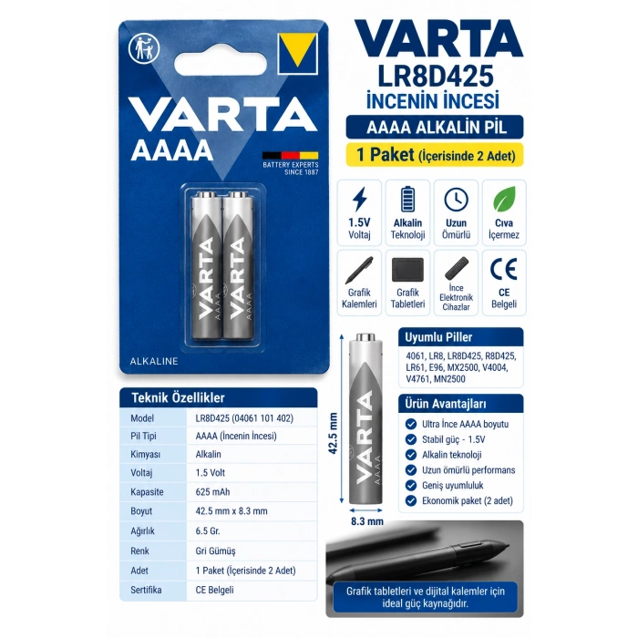 VARTA 1.5v Alkalin AAAA Boy İncenin İncesi Kalem Pil 2Li Kart
