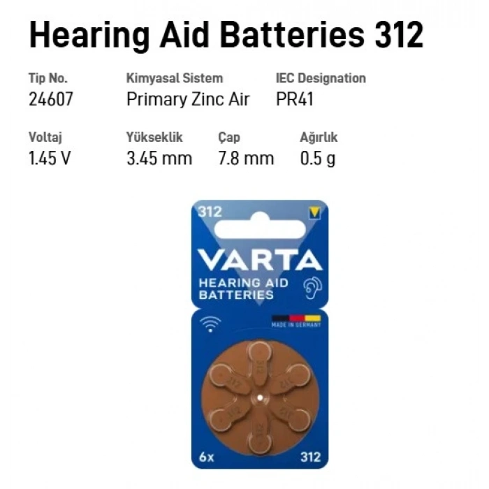 VARTA Kulaklık İşitme Cihazı Pili NO:312 1.45v 6lı Paket