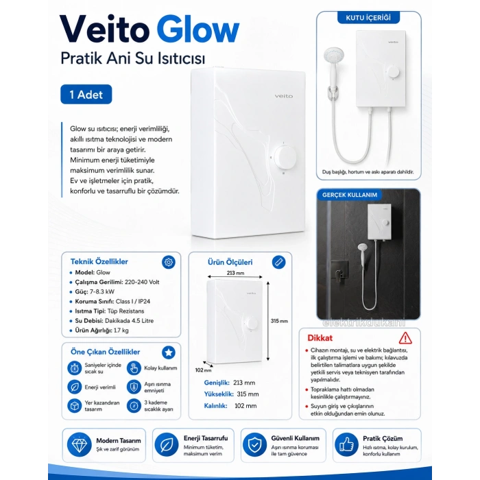 VEİTO GLOW Pratik Ani Su Isıtıcı Banyo Şofbeni 8000W 220v (220 Volt 8 kW)