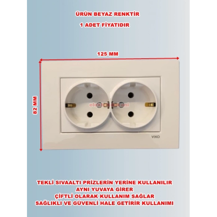 VİKO Çerçeveli KARRE Sıva Altı İkili BEYAZ Topraklı Priz 2li (Çerçeve Dahil)