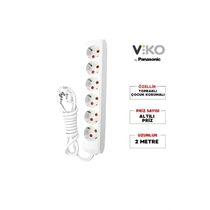 VİKO Multilet Altılı 5mt Kablolu BEYAZ Grup Priz 6lı 5 Metre Ara Kablo Topraklı Klemensli