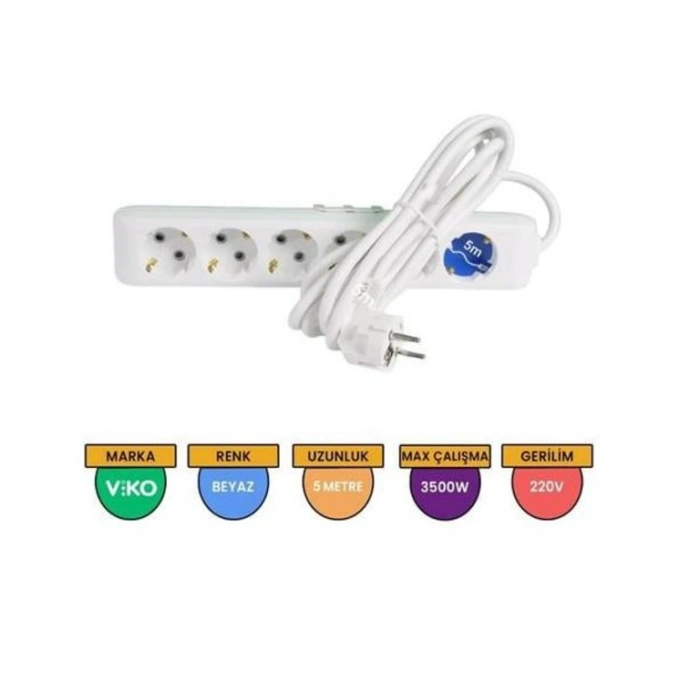 VİKO Multilet Altılı 5mt Kablolu BEYAZ Grup Priz 6lı 5 Metre Ara Kablo Topraklı Klemensli
